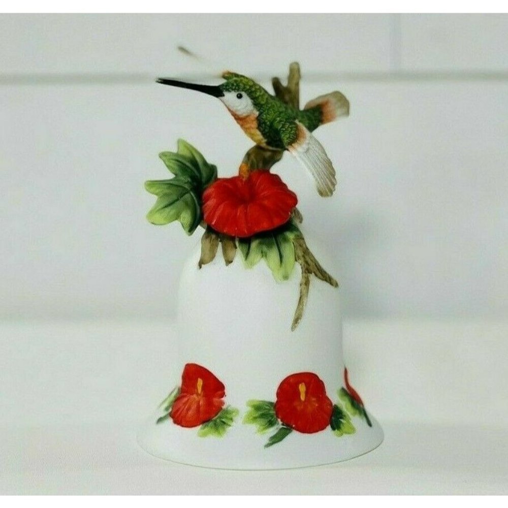 Vintage Gift Gallery Hummingbird Porcelain Bell Poppy Flower Hand Painted
